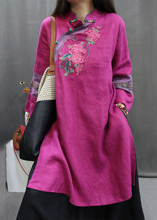 New Rose Stand Embroidered Button Collar Linen Blouses Fall