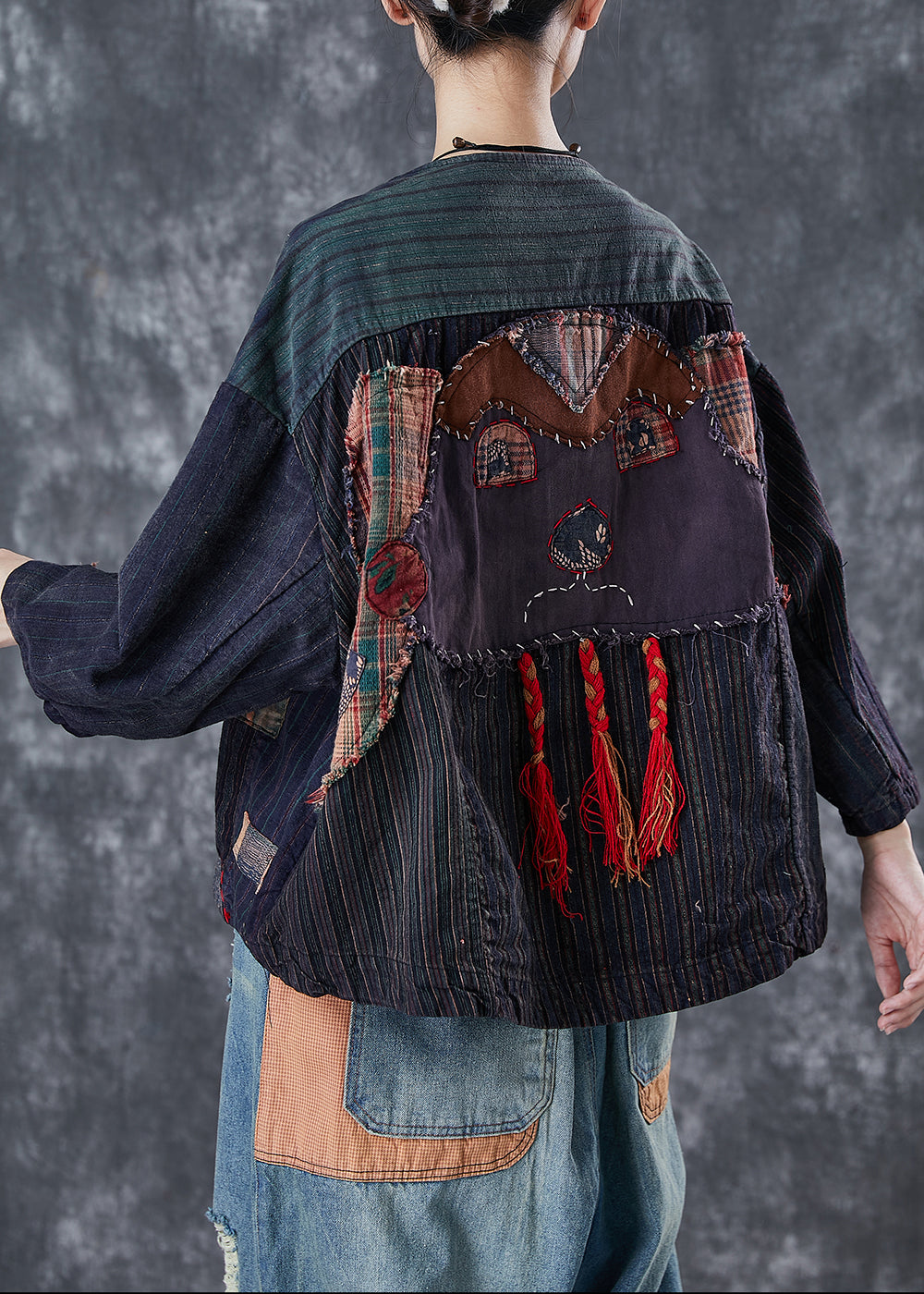 Black Oversized Patchwork Applique Cotton Coat Outwear Spring