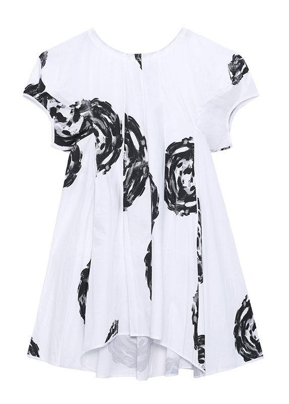 Unique Black Print O Neck Cotton Puff Sleeve Mini Dress Summer