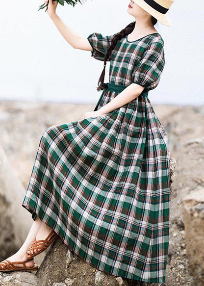 Diy Green Plaid Cinched Pockets Robe Summer Linen Dress
