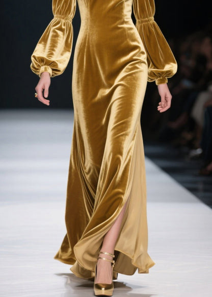 Yellow Ruffled Patchwork Velvet Long Dress Fall