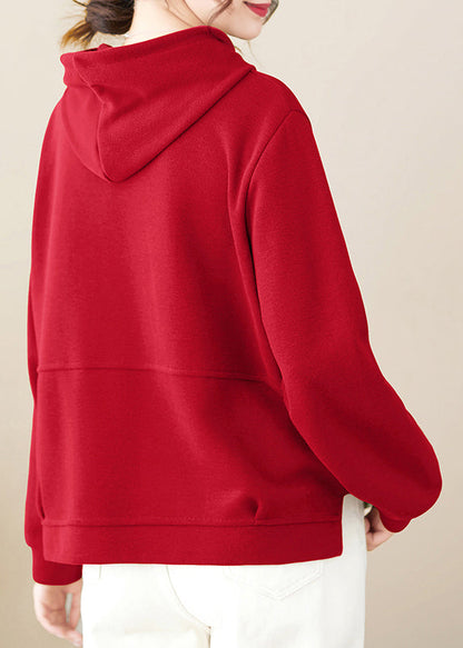 Red Patchwork Cotton Pullover Hooded Fall