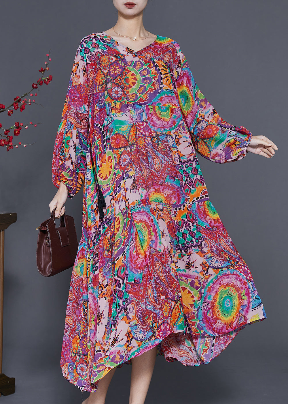 Purple Print Drawstring Chiffon Maxi Dresses Spring