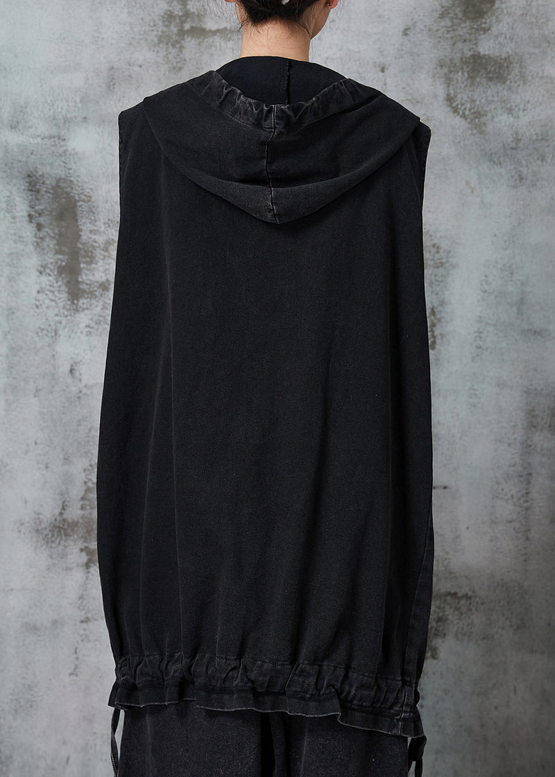 Black Drawstring Pockets Cotton Hooded Vest Spring