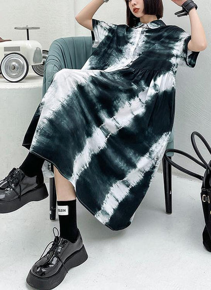 Black Tie Dye Cotton Turn-down Collar Summer Long Dresses
