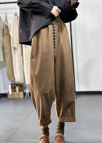 Black Pockets Elastic Waist Cotton Crop Pants Fall