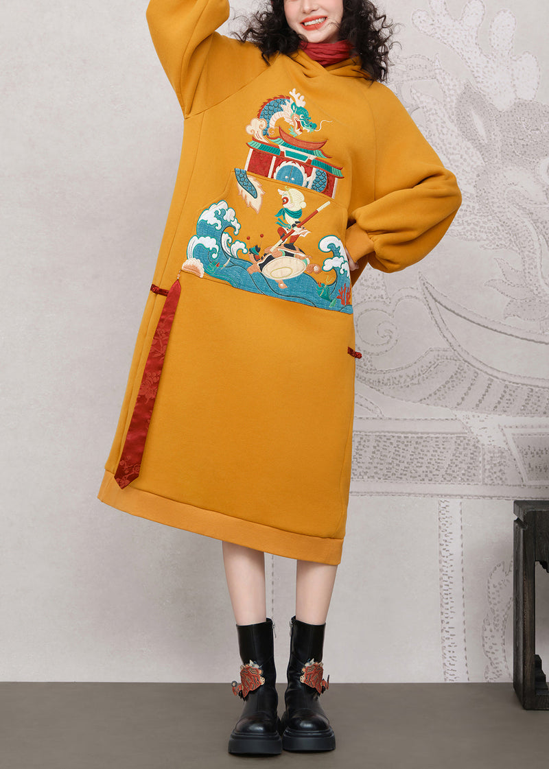 Loose Yellow Hooded Embroidered Warm Fleece Long Dress Spring
