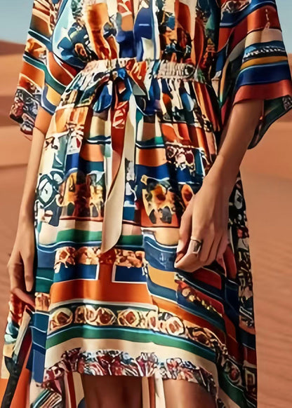 Brown Cinched Print Silk Beach Dress Summer