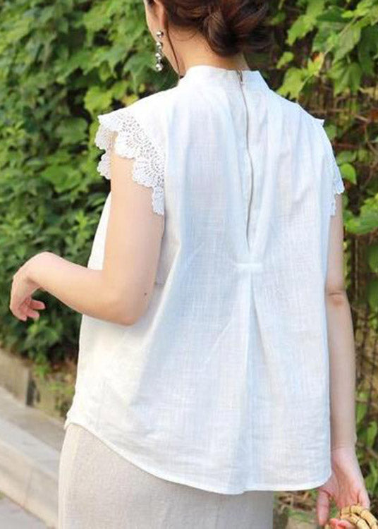 White Stand Collar Ruffled Lace Patchwork Cotton Skirt Summer
