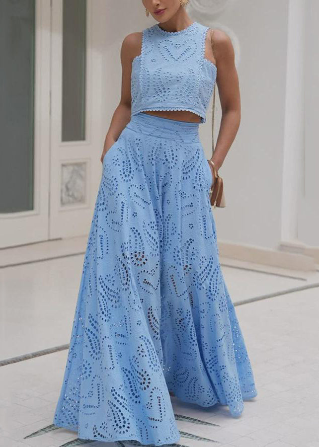 French Blue Hollow Out Tops and Skirts Cotton Two Piece Set Sleeveless Summer