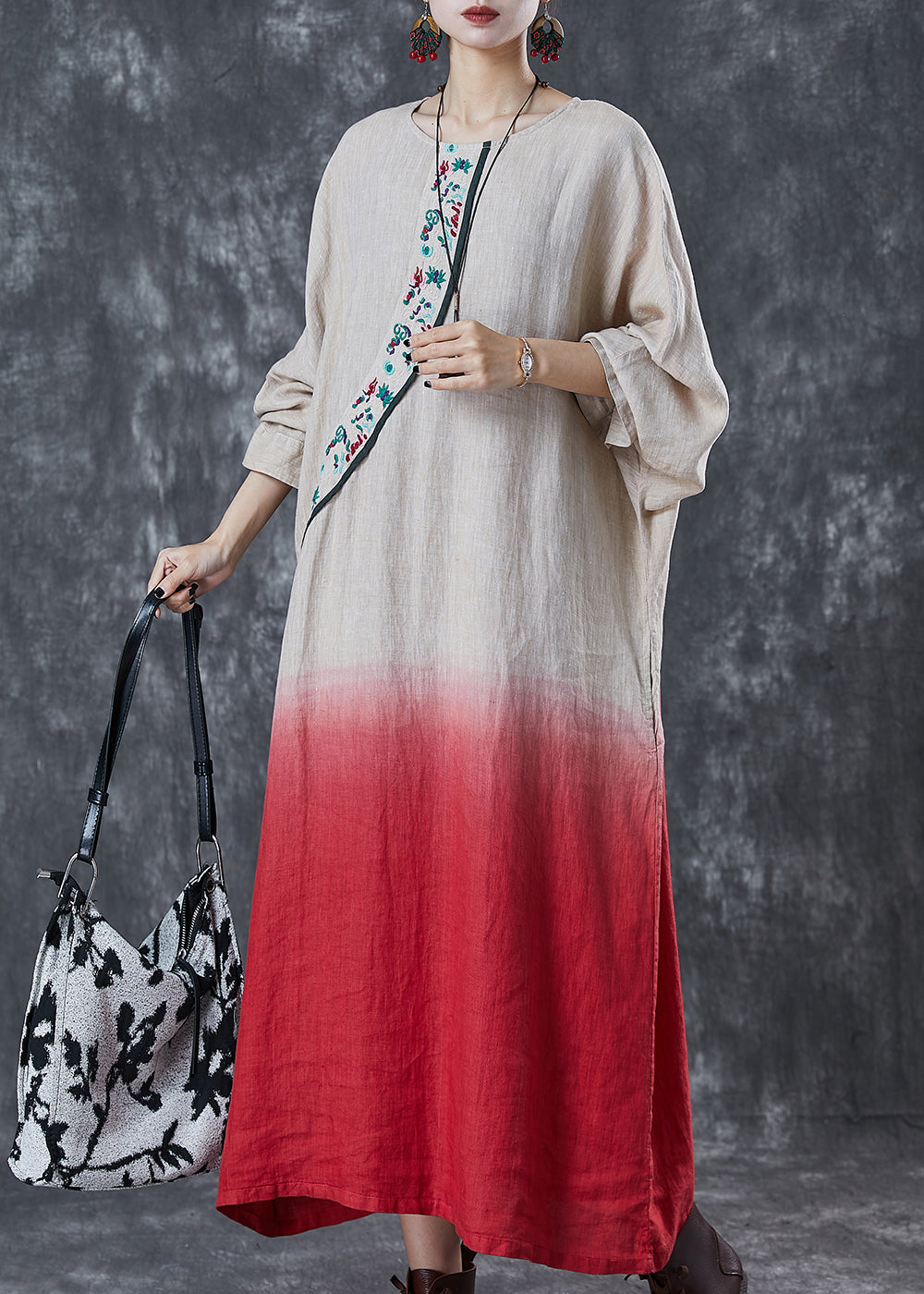 Gradient Color Embroidered Linen Ankle Dress Spring
