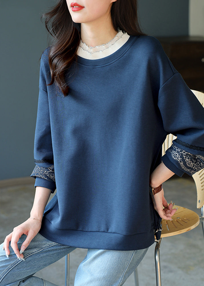Loose Navy Blue O-neck Lace Patchwork Bright Silk Sweatshirts Long Sleeve