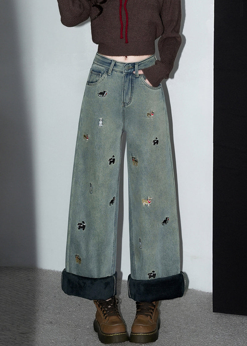 Denim Blue Embroidered Pockets Warm Fleece Pants