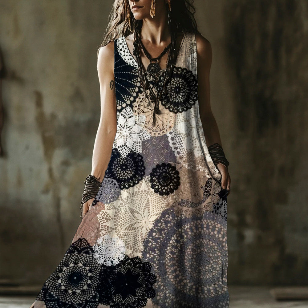 Vintage Lace Floral Art Women's Linen Vest Dress artswardrobe