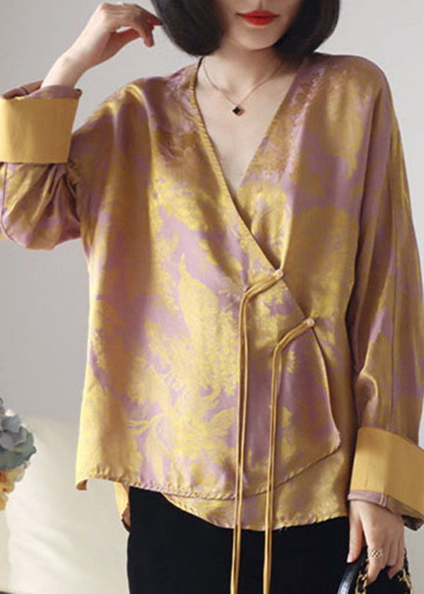 Yellow Print Patchwork Silk Tops Asymmetrical Long Sleeve
