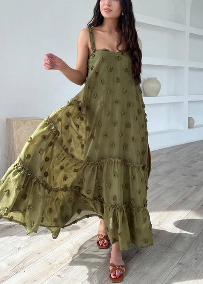 Army Green Cotton Spaghetti Strap Dress Ruffled Summer
