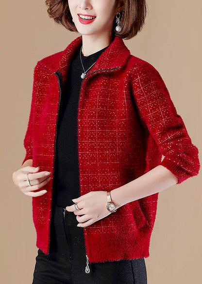 Mulberry Zip Up Pockets Mink Hair Knitted Coats Long Sleeve