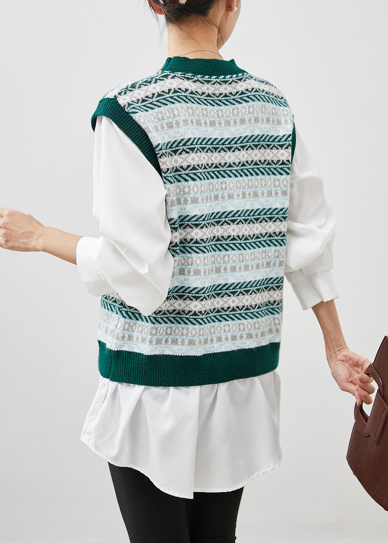 Print Patchwork Knit Fake Two Piece Blouses Spring