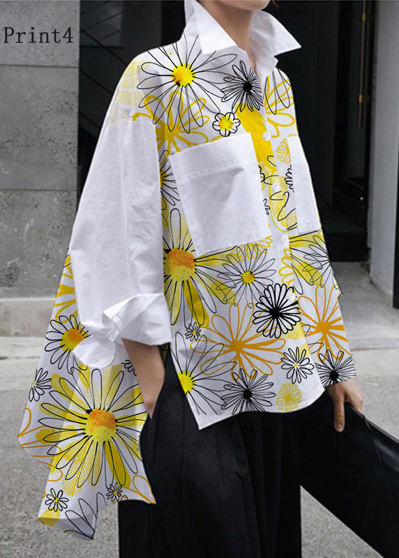Natural Yellow Flower Peter Pan Collar Low High Design Button Pockets Cotton Shirts Long Sleeve Fall