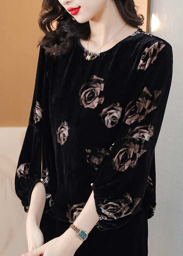 Black O Neck Print Velour Tops Lantern Sleeve