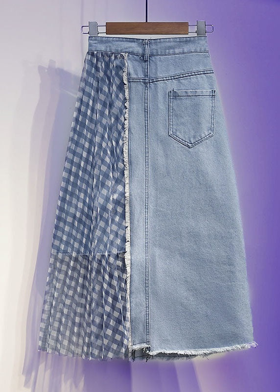 Blue Wrinkled Tulle Patchwork Denim Skirts Spring