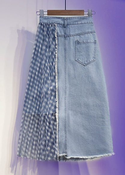 Blue Wrinkled Tulle Patchwork Denim Skirts Spring