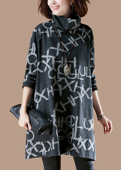 Black Turtleneck Alphabet Print Warm Fleece Thick Cotton Pullover Fall