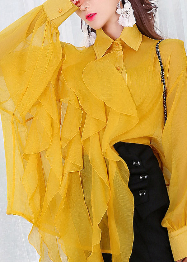 Yellow Peter Pan Collar Asymmetrical Button Chiffon Shirts Lantern Sleeve