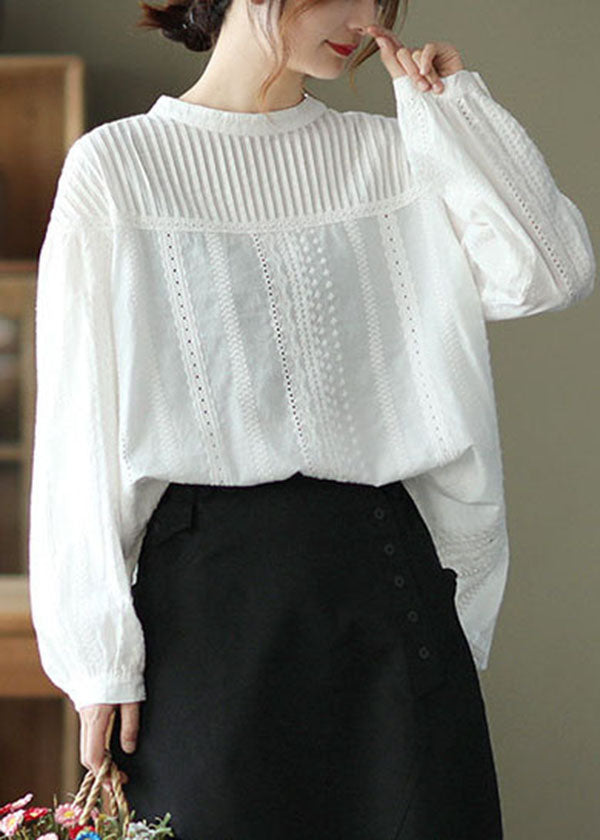 White Hollow Out Patchwork Wrinkled Cotton Tops Fall