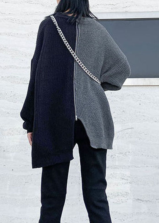 Simple Grey Side Open Zip Up Patchwork Knit Sweater Spring