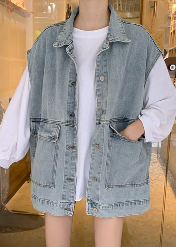 Diy Denim Blue Peter Pan Collar Pockets Patchwork Waistcoat Sleeveless