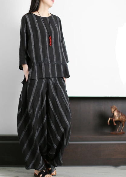 Original Loose Black Embroideried Striped Tops and Harm Pants Linen Two Pieces Set Summer