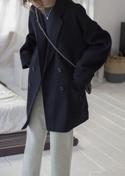Black Notched Button Woolen Coats Fall