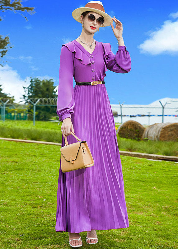 Purple V Neck Patchwork Ruffles Chiffon Pleated Dress Spring