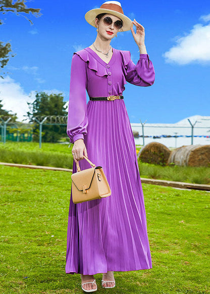 Purple V Neck Patchwork Ruffles Chiffon Pleated Dress Spring