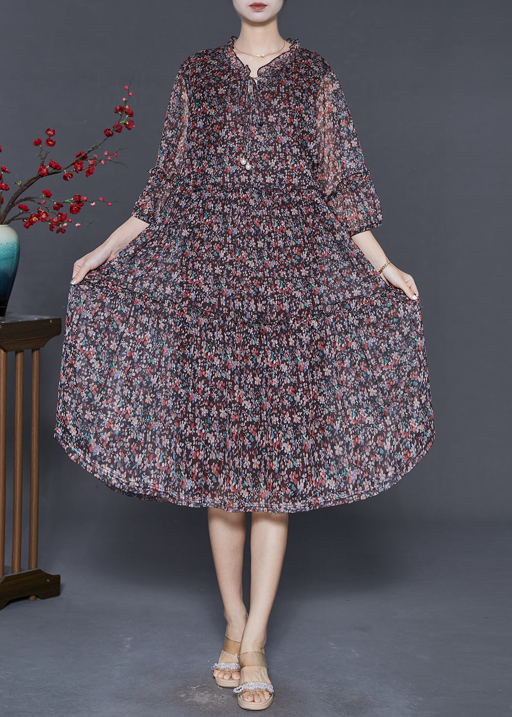 Black Ruffled Print Chiffon Robe Dresses Summer