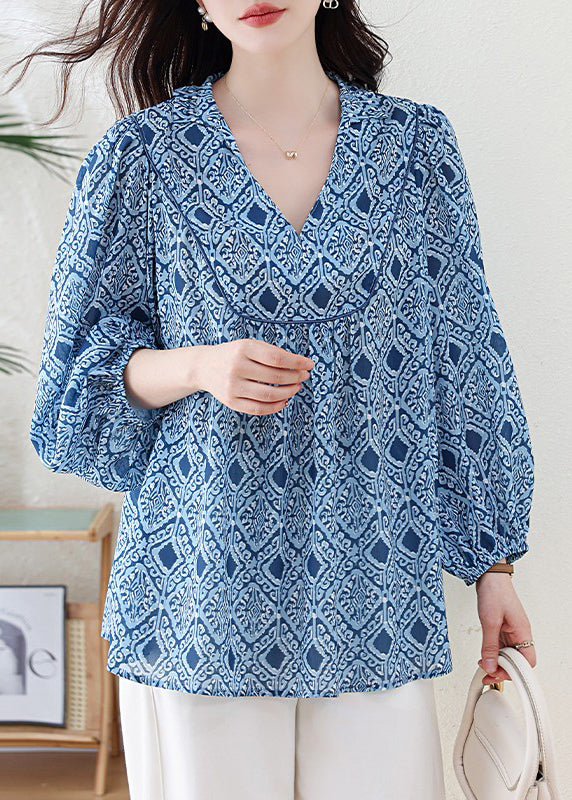 Blue V Neck Geometric Print Chiffon Blouse Top Lantern Sleeve