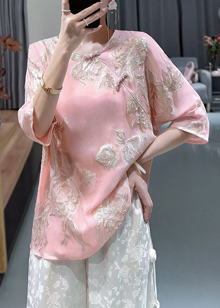 Pink O-neck Embroideried Button Silk Shirts Bracelet Sleeve