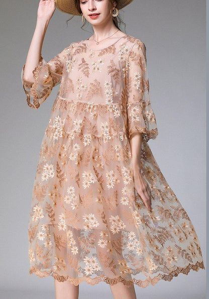 Beige Embroidery O-neck Summer Holiday Dress