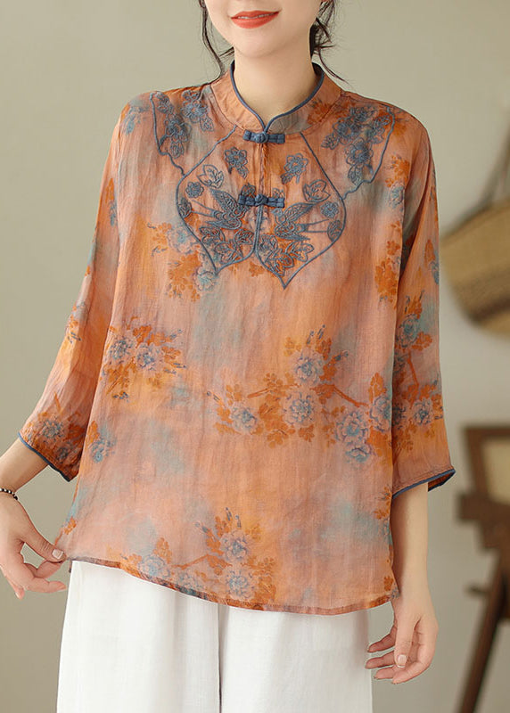 Orange Embroideried Print Cotton Shirts Half Sleeve
