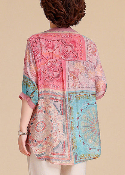 V Neck Print Cotton Blouse Tops Summer
