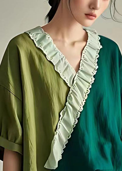 Green Ruffled Patchwork Cotton T Shirt Summer