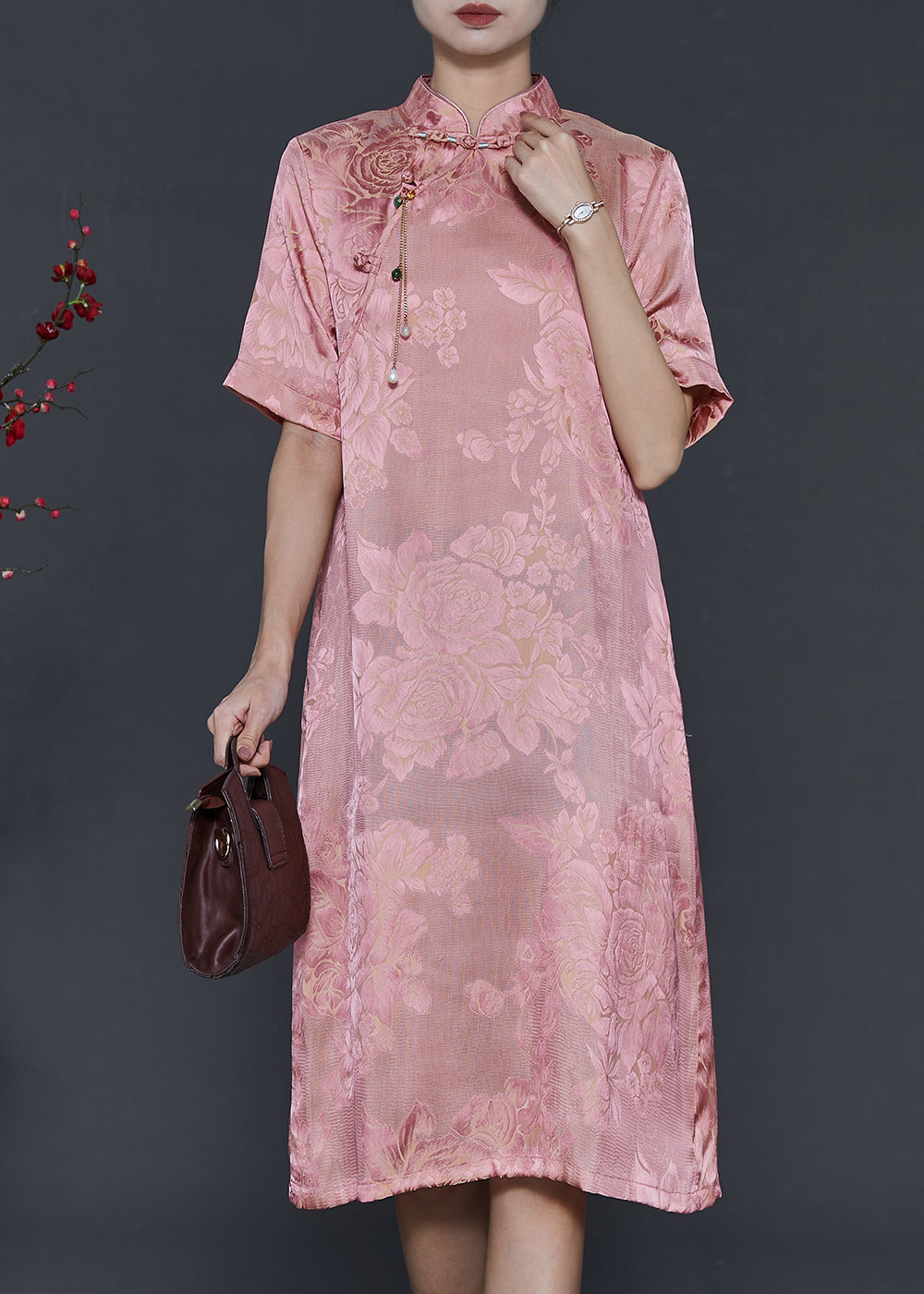 Pink Tasseled Jacquard Silk Dresses Summer