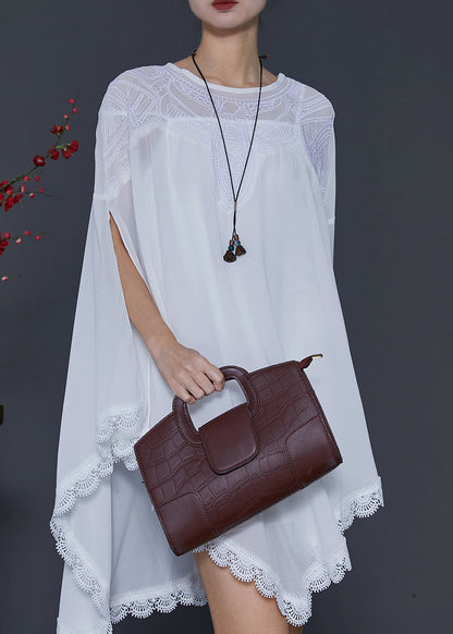 French White Embroidered Asymmetrical Chiffon Upf 50+ Shirt Summer