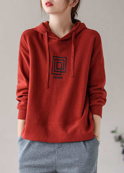 Brick Red Drawstring Hooded Print Cotton Sweatshirts Top Long Sleeve