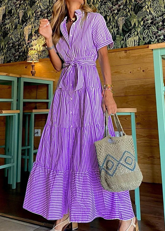 Loose Blue Striped Button Cotton Shirts Dresses Sleeveless Summer