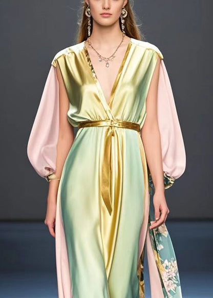 Boutique Gradient Color Cinched Patchwork Silk Long Dress Fall