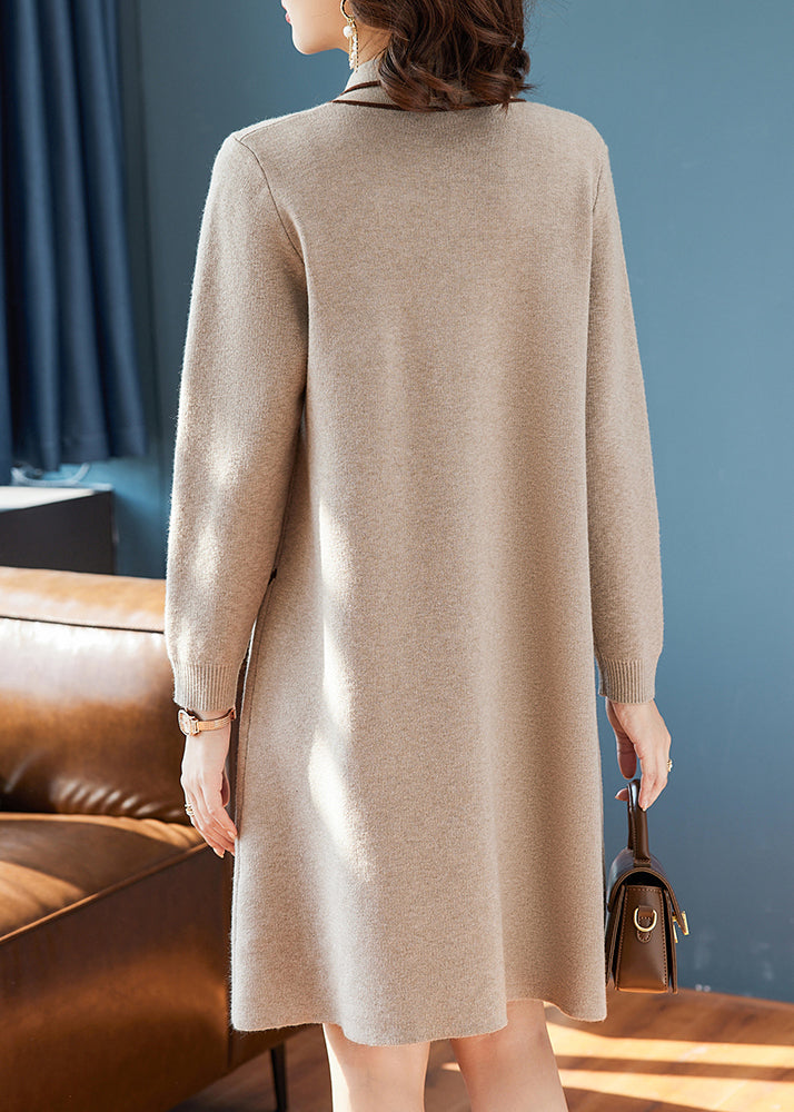 Natural Khaki Peter Pan Collar Cotton Knit Long Weater Dress Fall