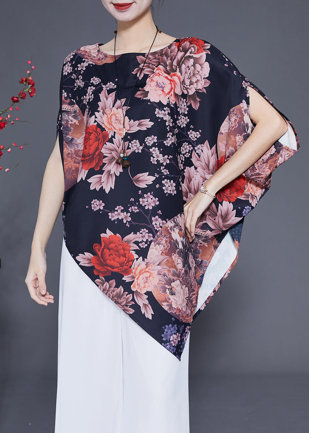 Black Asymmetrical Design Print Silk Top Summer