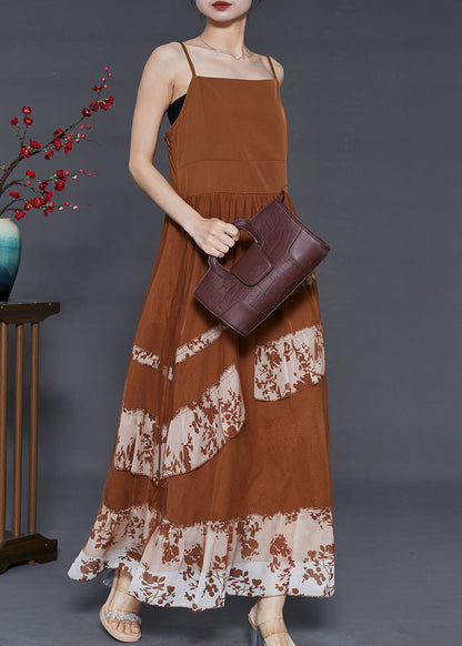 Coffee Patchwork Chiffon Spaghetti Strap Dress Summer